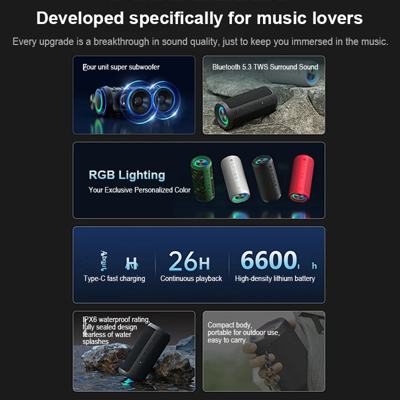 Portable Bluetooth Speaker 24W IPX6 Waterproof Outdoor Sports Camping Wireless Speaker Bass Boost BT5.3 RGB Light Speaker - Image 4