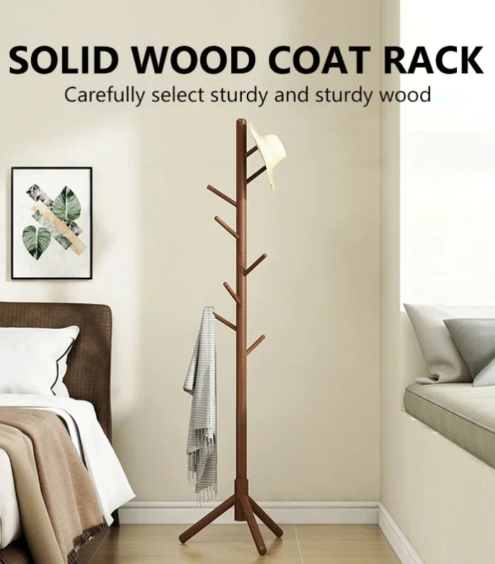 Solid Wood Coat Rack, Floor-standing Wardrobe Hanger, Home-use Simple Clothes Drying Stand, Room Bag Hanging Rack