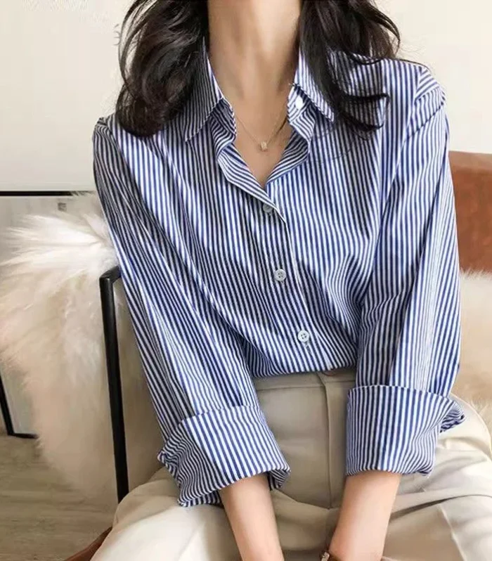 Classic Striped Woman Spring Autumn Blouses Shirt Lady Long Lantern Sleeve Stand Collar Loose Blusas Tops