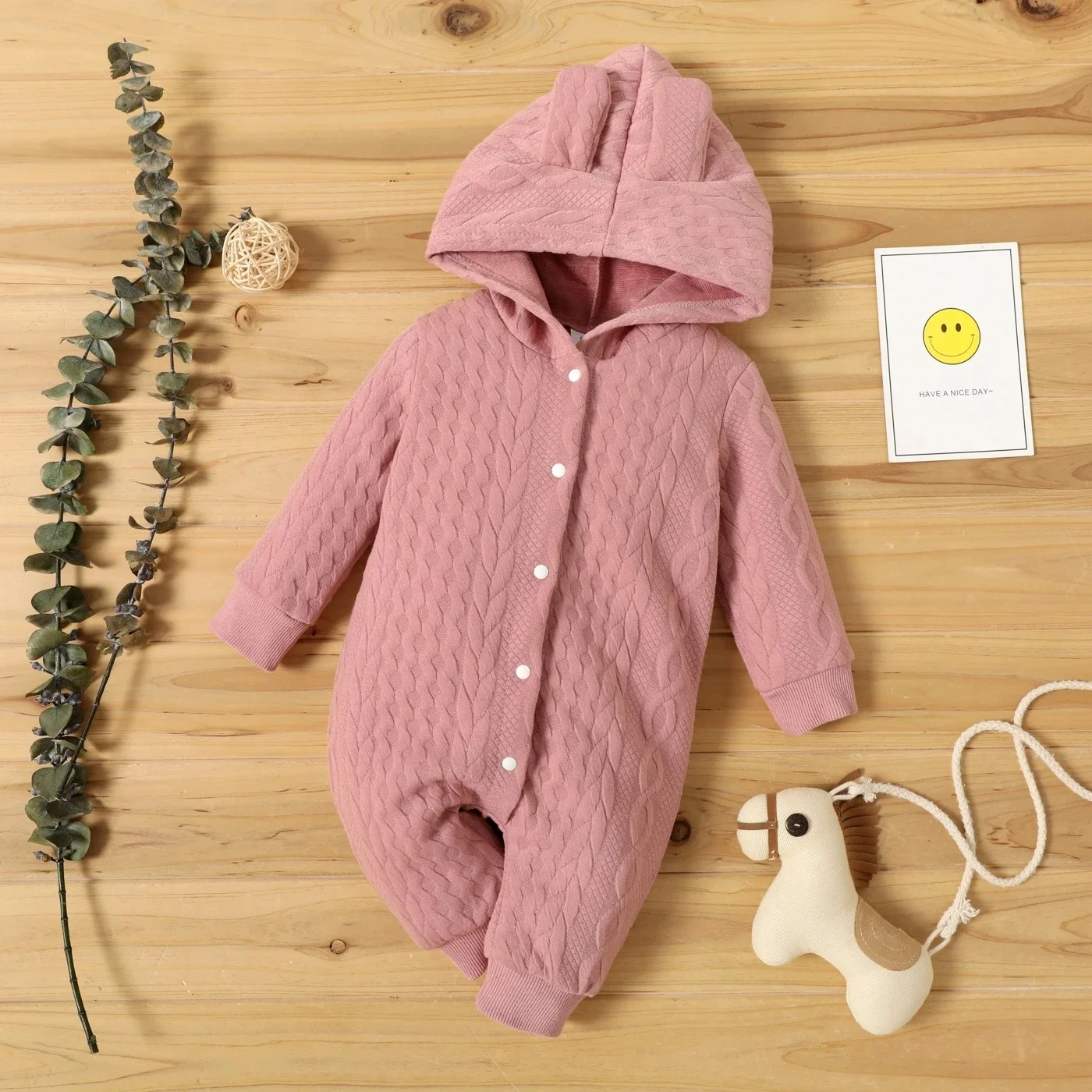 0-18 Month Newborn Baby Romper Boys Girls Cute Ears Solid Hooded Long Sleeve Baby Bodysuit Clothes Infant Autumn&Winter Costumes - Image 4