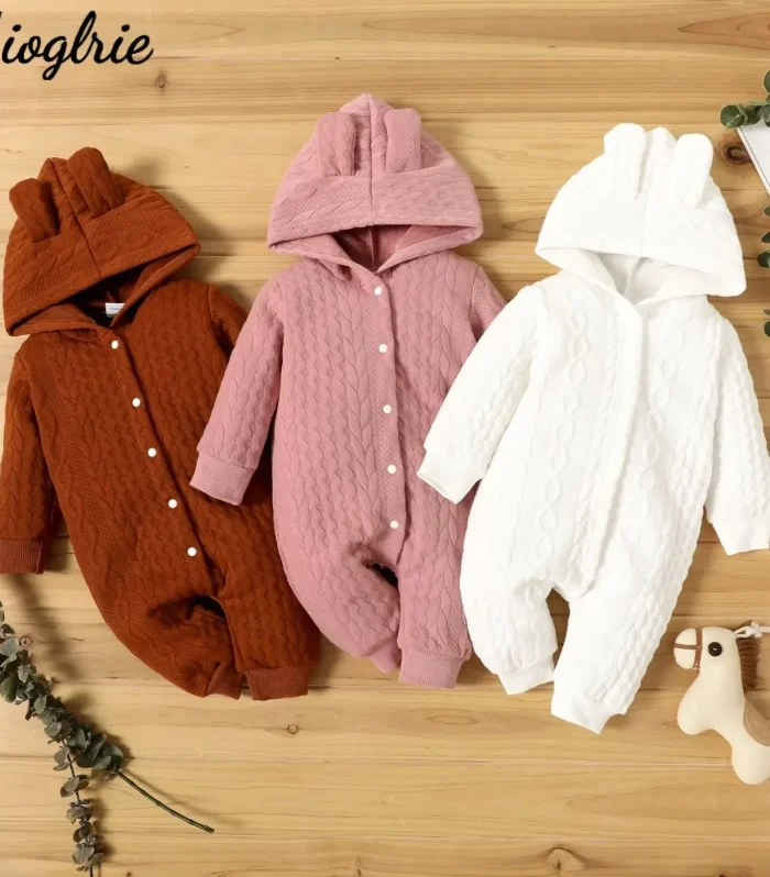 0-18 Month Newborn Baby Romper Boys Girls Cute Ears Solid Hooded Long Sleeve Baby Bodysuit Clothes Infant Autumn&Winter Costumes
