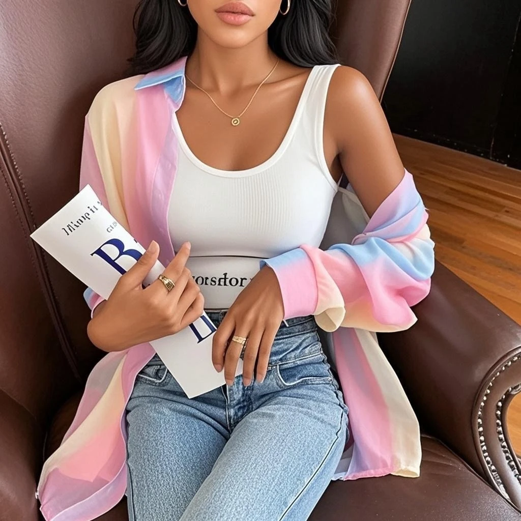 See-through Irregular Gradient Rainbow Long Sleeved Shirt And Blouses Thin For Women Clothes Loose Top Pink Casual Fashion Trend - Image 3