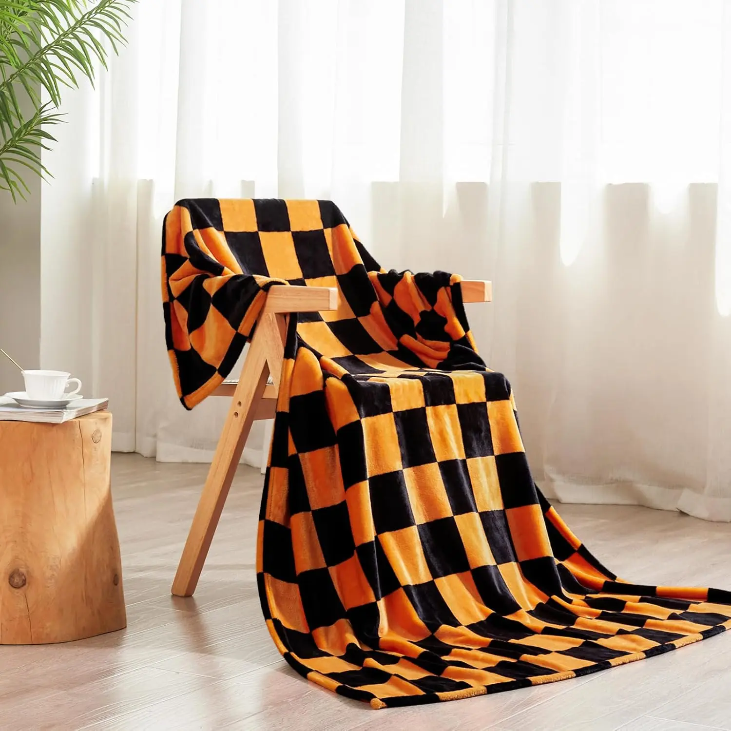1PC Throw Checkerboard Black and Orange Flannel Blanket for Couch Bed Sofa Cozy Comfy Warm Halloween Decor for All Season - Image 2
