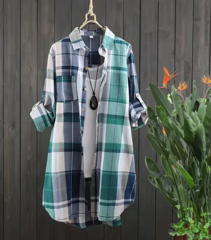 Plaid Cotton Mid Length Blouses Women 2023 Autumn Long Sleeve Elegant Casual Shirt Korean Fashion New Loose Button Blouses