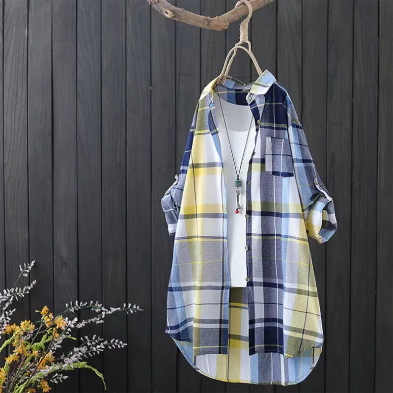 Plaid Cotton Mid Length Blouses Women 2023 Autumn Long Sleeve Elegant Casual Shirt Korean Fashion New Loose Button Blouses - Image 3