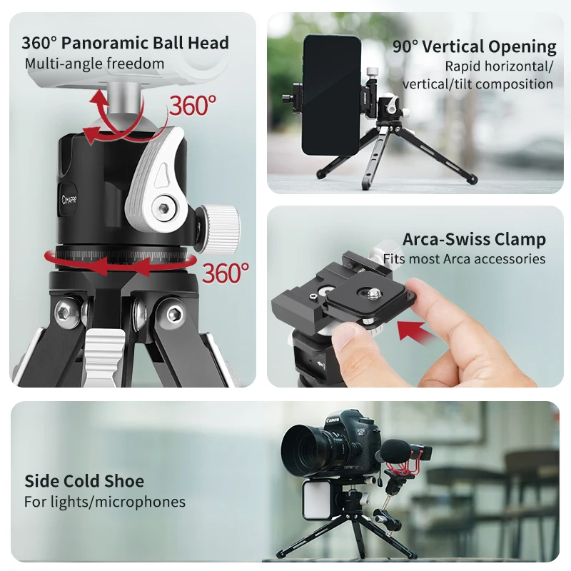 XILETU Mini Tripod with Arca Swiss Ball Head & Cold Shoe, Metal Handheld Selfie Stick for Phone Camera, 3KG Load for Live Vlog - Image 2