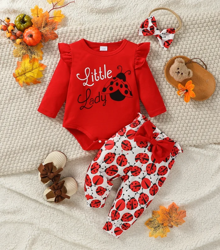 3-28M Baby Girl Fashion Clothes Infant Long Sleeve Cartoon Ladybird Bodysuit +Pant Set+Headband 3PCS