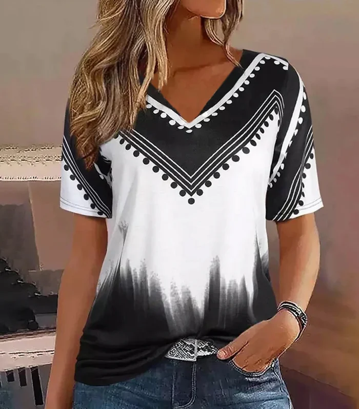Fashion Women T Shirt Stripes Print Gradient V Neck Short Sleeve Basic Tops Streetwear Summer Oversized Clothing Female T-Shirts