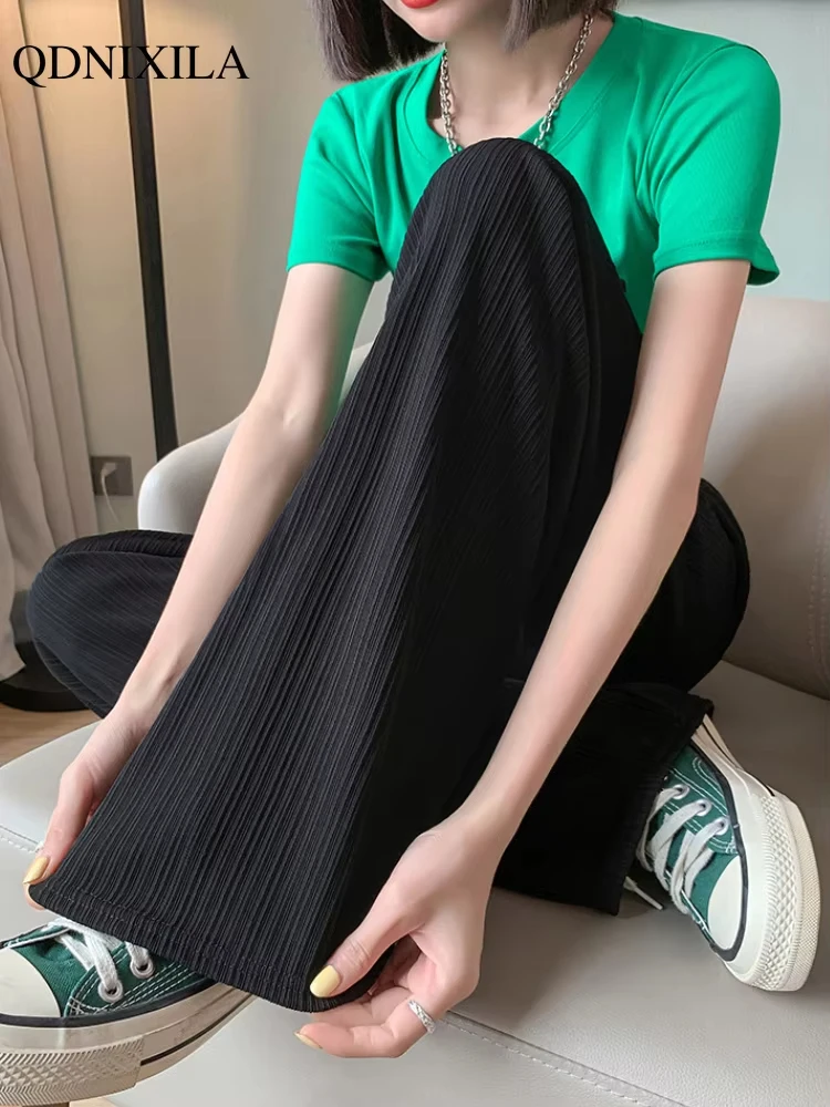 2024 Spring Summer Ice Silk Wide Leg Pants for Women Korean Thin Chiffon High Waist Saggy Loose Straight Casual Fashion Trousers - Image 2