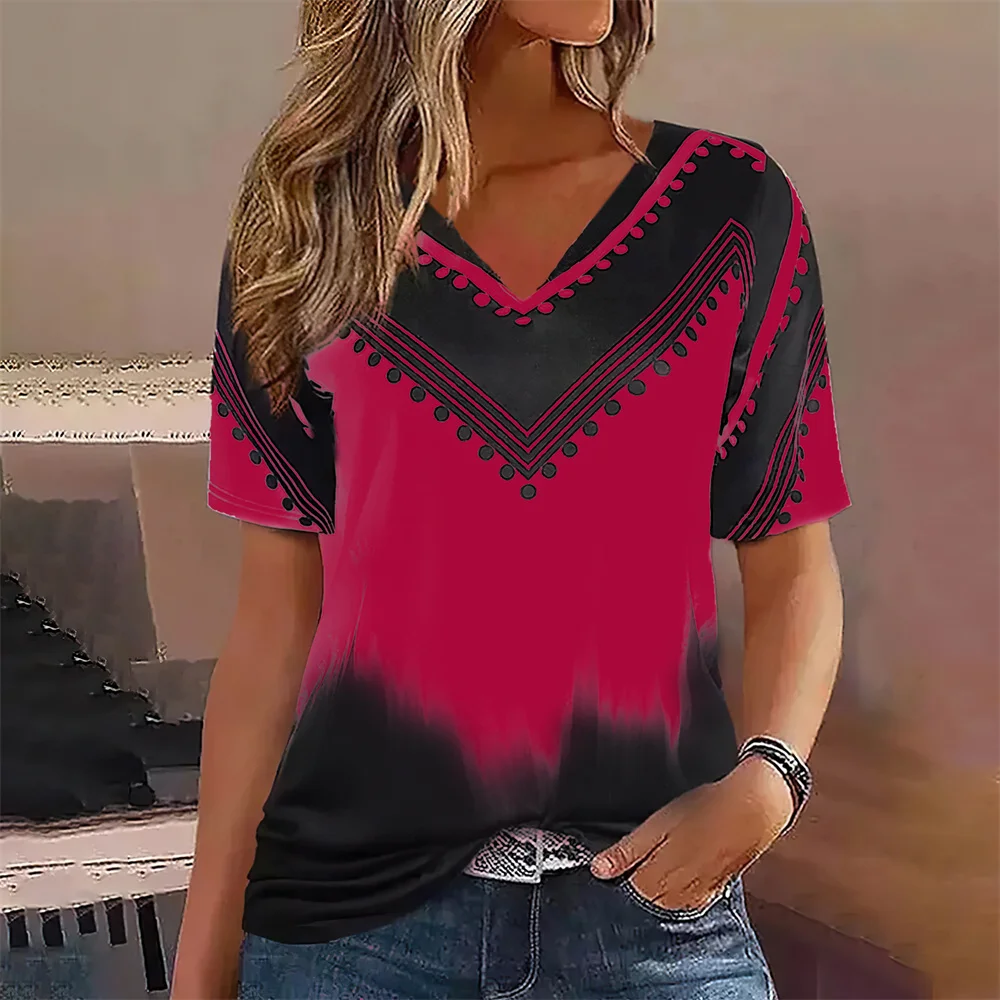 Fashion Women T Shirt Stripes Print Gradient V Neck Short Sleeve Basic Tops Streetwear Summer Oversized Clothing Female T-Shirts - Image 3