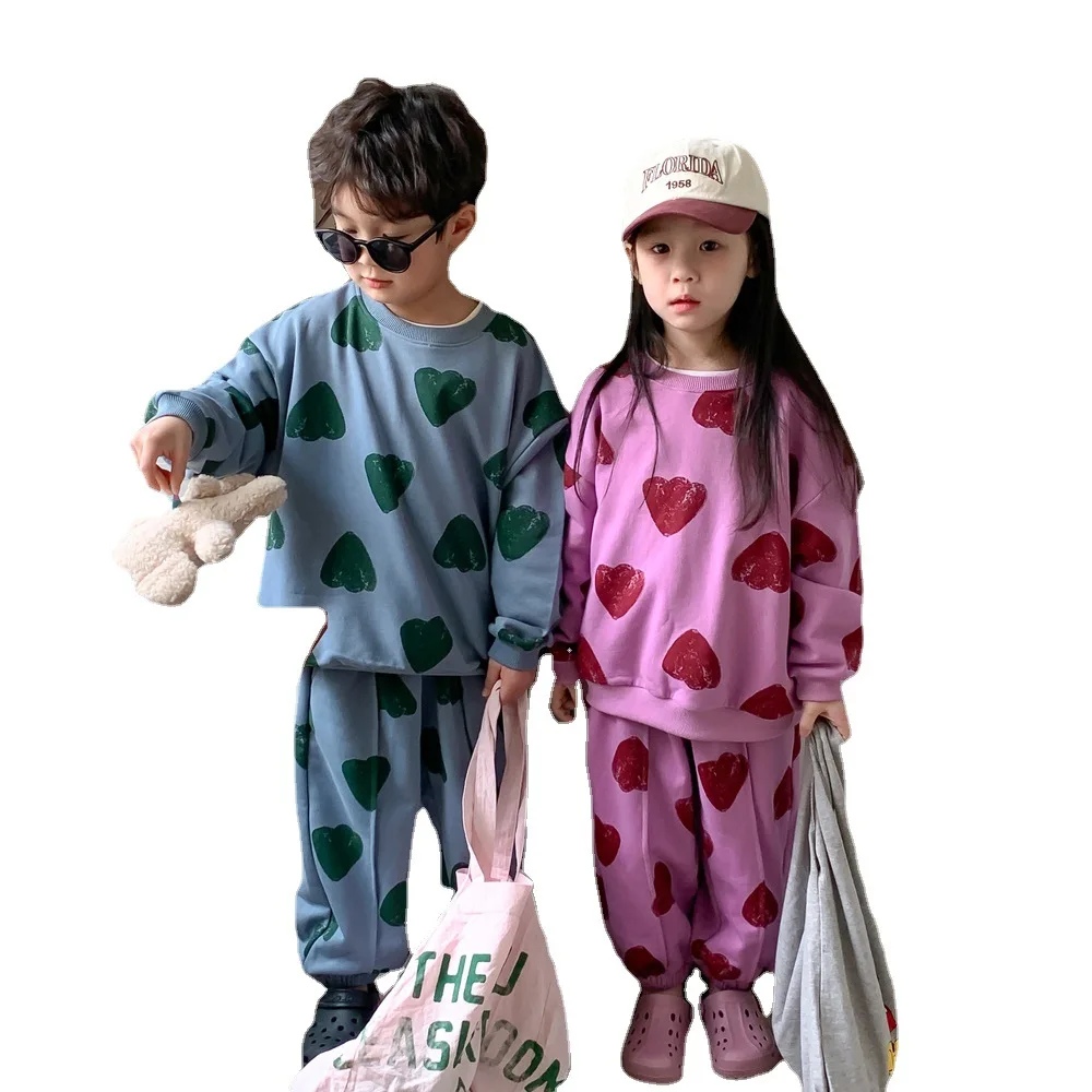 2025 Korean Spring Autumn Children Sibling Look Clothes Set Printed Love Jooger Suit Pullover Stretch Loose Toddler Boys Outfits - Image 5