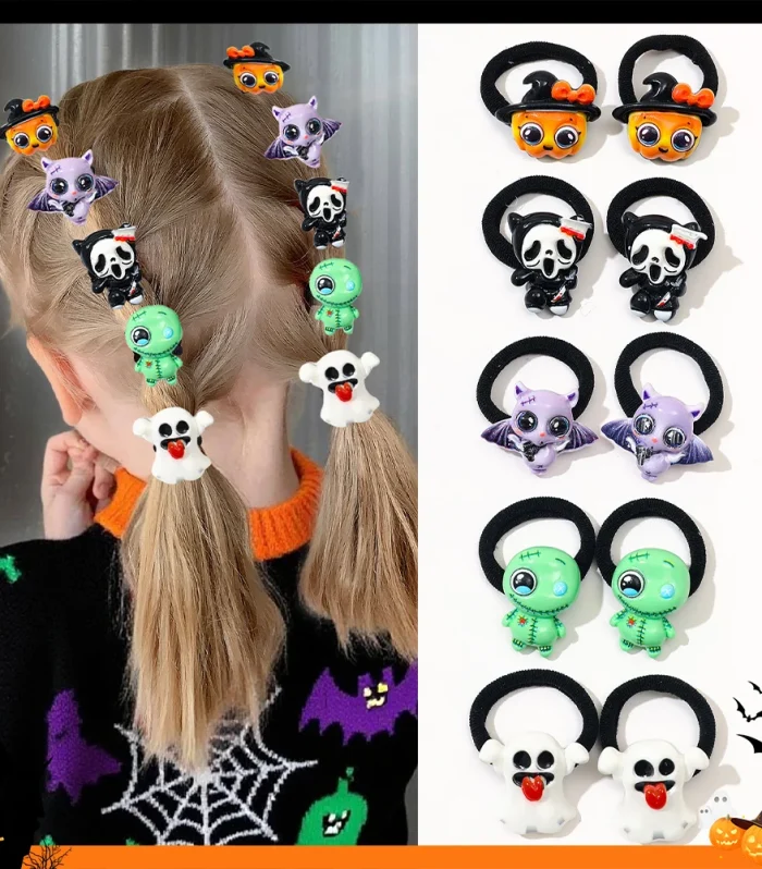 10-Pack Halloween Themed Hair Ties Multi-Color Fashion Ghost Bat Pumpkin Design Cute Girls Gift Set