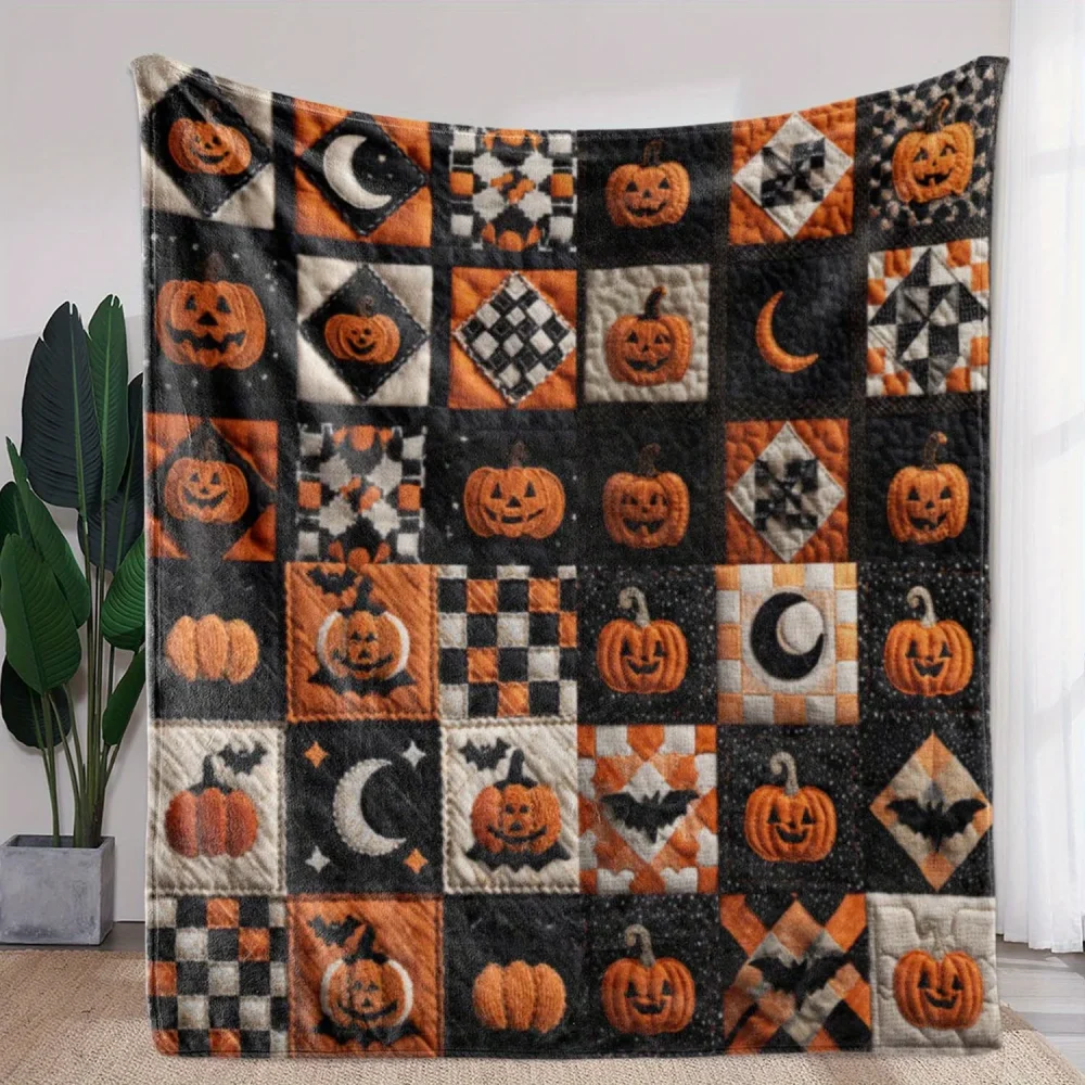 1pc Halloween Plaid Pumpkin Moon Print Flannel Blanket - Warm, Soft & Cozy Throw for Sofa, Bed, Car, Office, Camping & Travel - Image 5