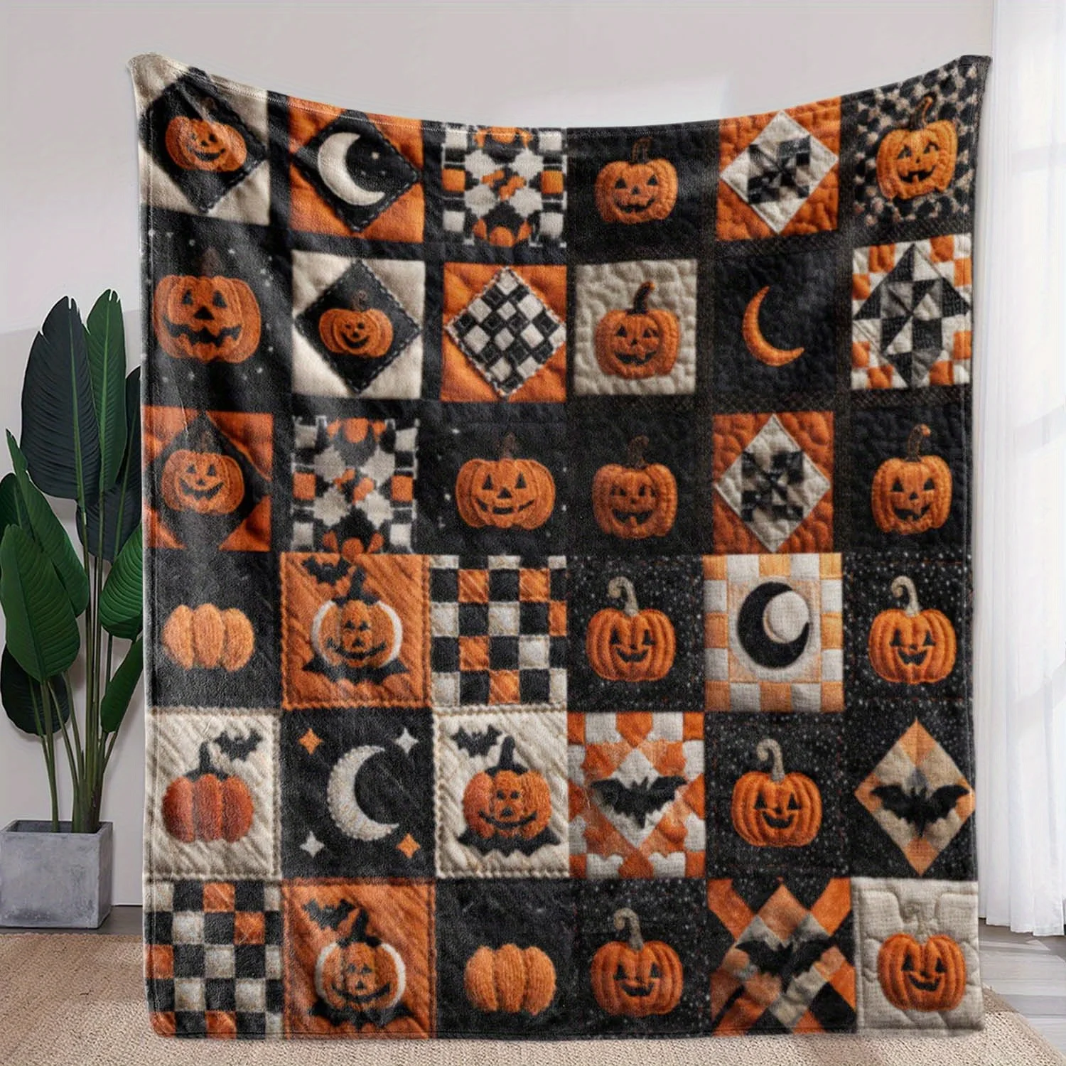 1pc Halloween Plaid Pumpkin Moon Print Flannel Blanket - Warm, Soft & Cozy Throw for Sofa, Bed, Car, Office, Camping & Travel - Image 5