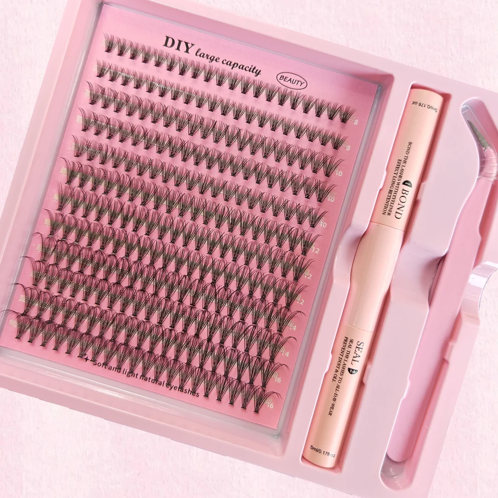 DIY Clusters Lash Kit Full Set 8-16mm Mix Bond&Seal Tweezers Lash for Self Application Makeup Individual Eyelash Extensions