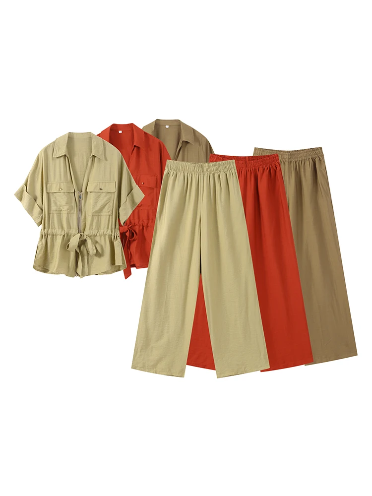 Casual Coat Pant Set Women Loose Zipper V-neck Lace Up Pleat Top Wide Leg Trousers Suit 2025 Summer Lady 2 Pieces Outfits New - Image 6