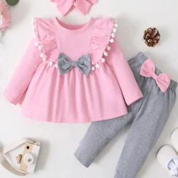 0-2 Year Old Newborn Baby Girl Spring and Autumn Round Neck Long sleeved Dress with Solid Color Pants Fashion Set