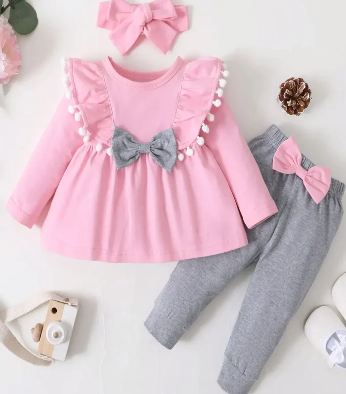 0-2 Year Old Newborn Baby Girl Spring and Autumn Round Neck Long sleeved Dress with Solid Color Pants Fashion Set