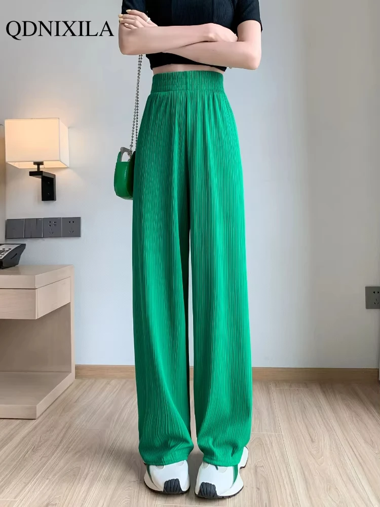 2024 Spring Summer Ice Silk Wide Leg Pants for Women Korean Thin Chiffon High Waist Saggy Loose Straight Casual Fashion Trousers - Image 3