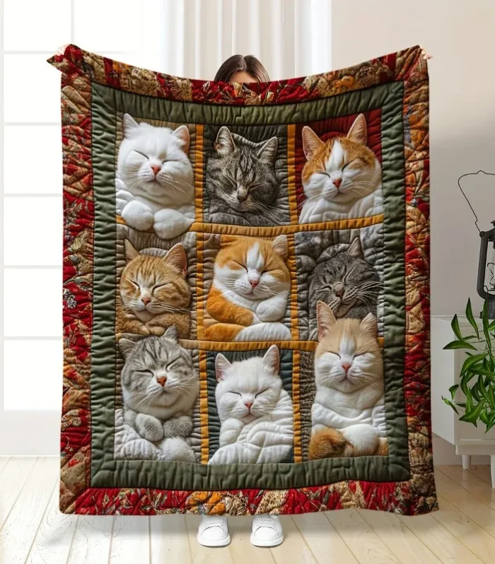 Bohemian Style Cat-Themed Flannel Blanket | Multi-Color Polyester Throw for Ideal for Sofa Naps Perfect Gift for Cat Lovers