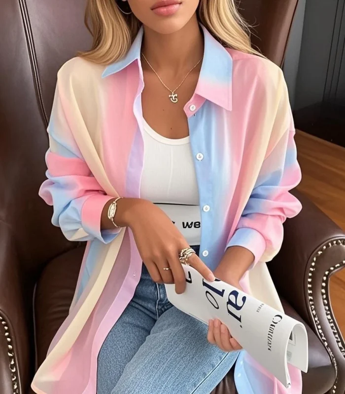 See-through Irregular Gradient Rainbow Long Sleeved Shirt And Blouses Thin For Women Clothes Loose Top Pink Casual Fashion Trend