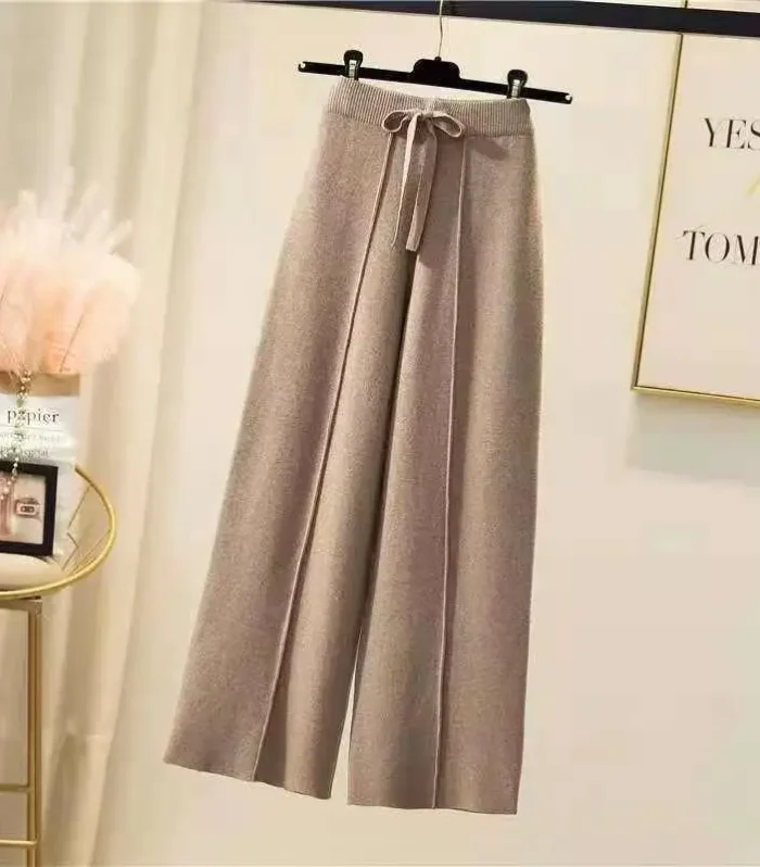 Knitted pants women spring and autumn high waist elastic drape drawstring loose casual mopping pants straight wide leg pants