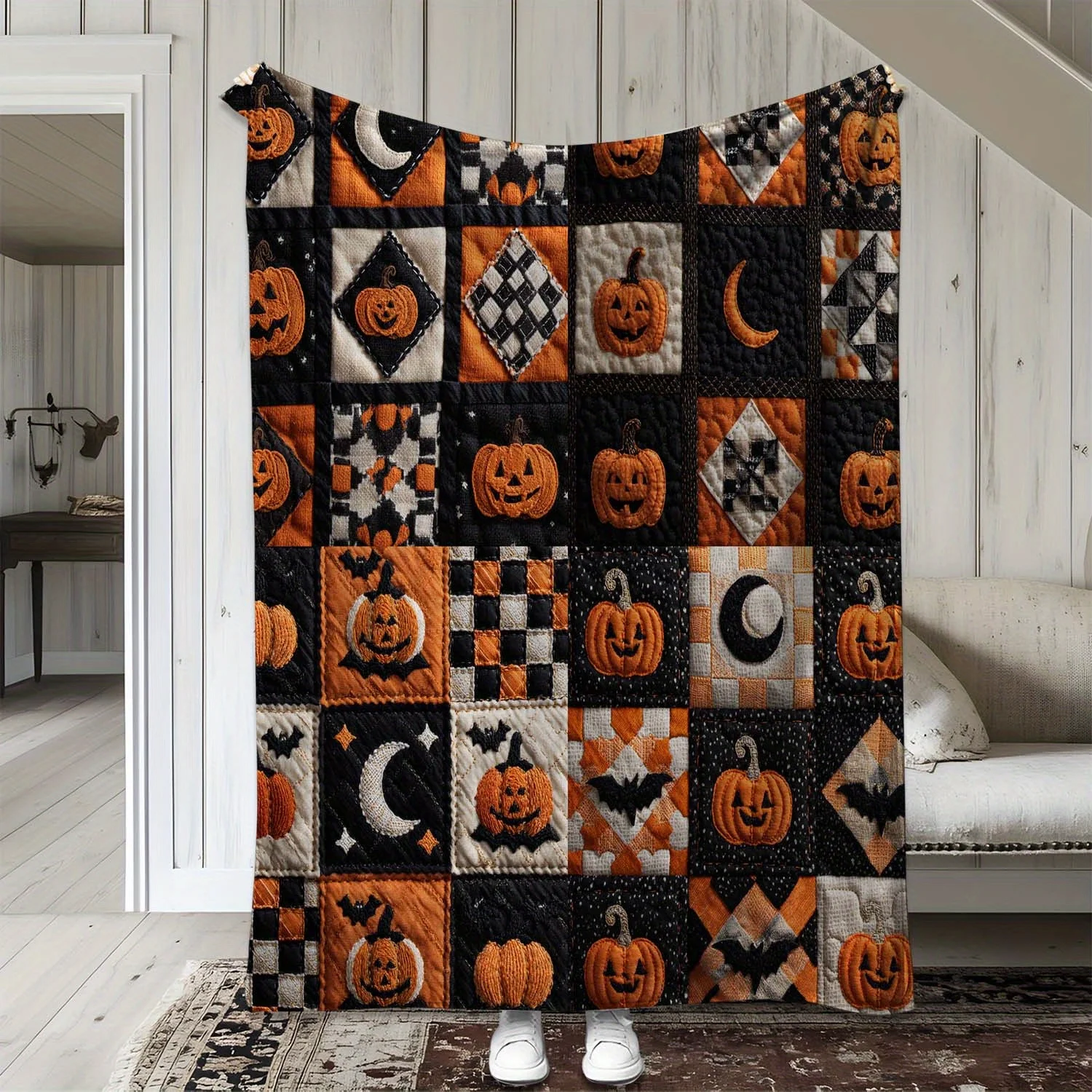 1pc Halloween Plaid Pumpkin Moon Print Flannel Blanket - Warm, Soft & Cozy Throw for Sofa, Bed, Car, Office, Camping & Travel - Image 2