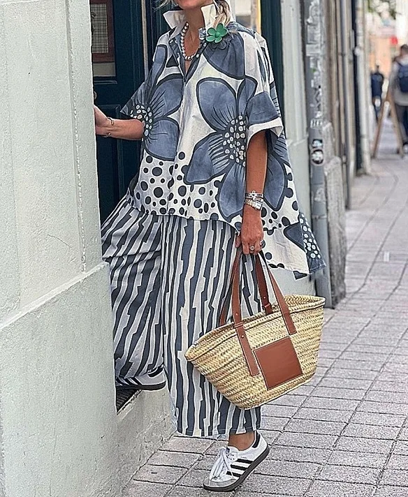 Summer New Long Sleeves Suit Women's Suit Fashion Flower Print Shirts and Trousers Pocket Female Office Blazer 2 Piece Set 2025
