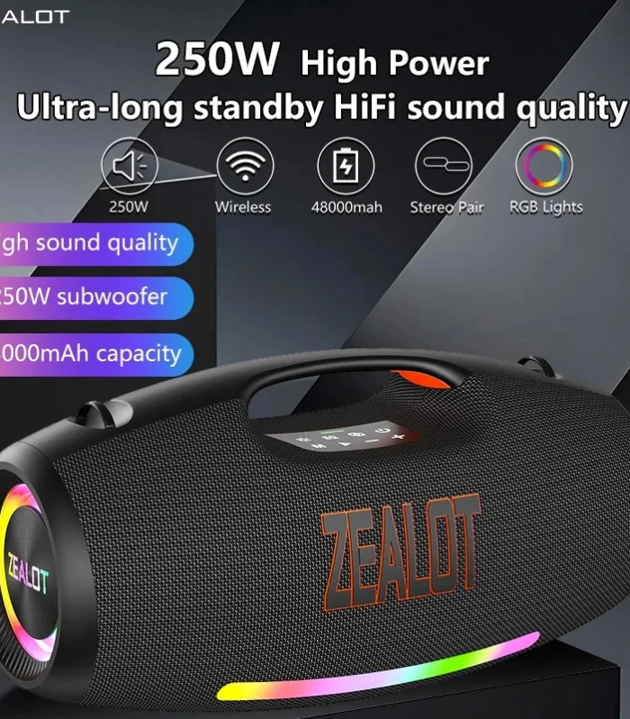 Zealot S89 250W Portable Bluetooth Speaker High Volume Waterproof 48000mAh Wireless TWS Subwoofer Suporrt USB/TF/AUX RGB light.