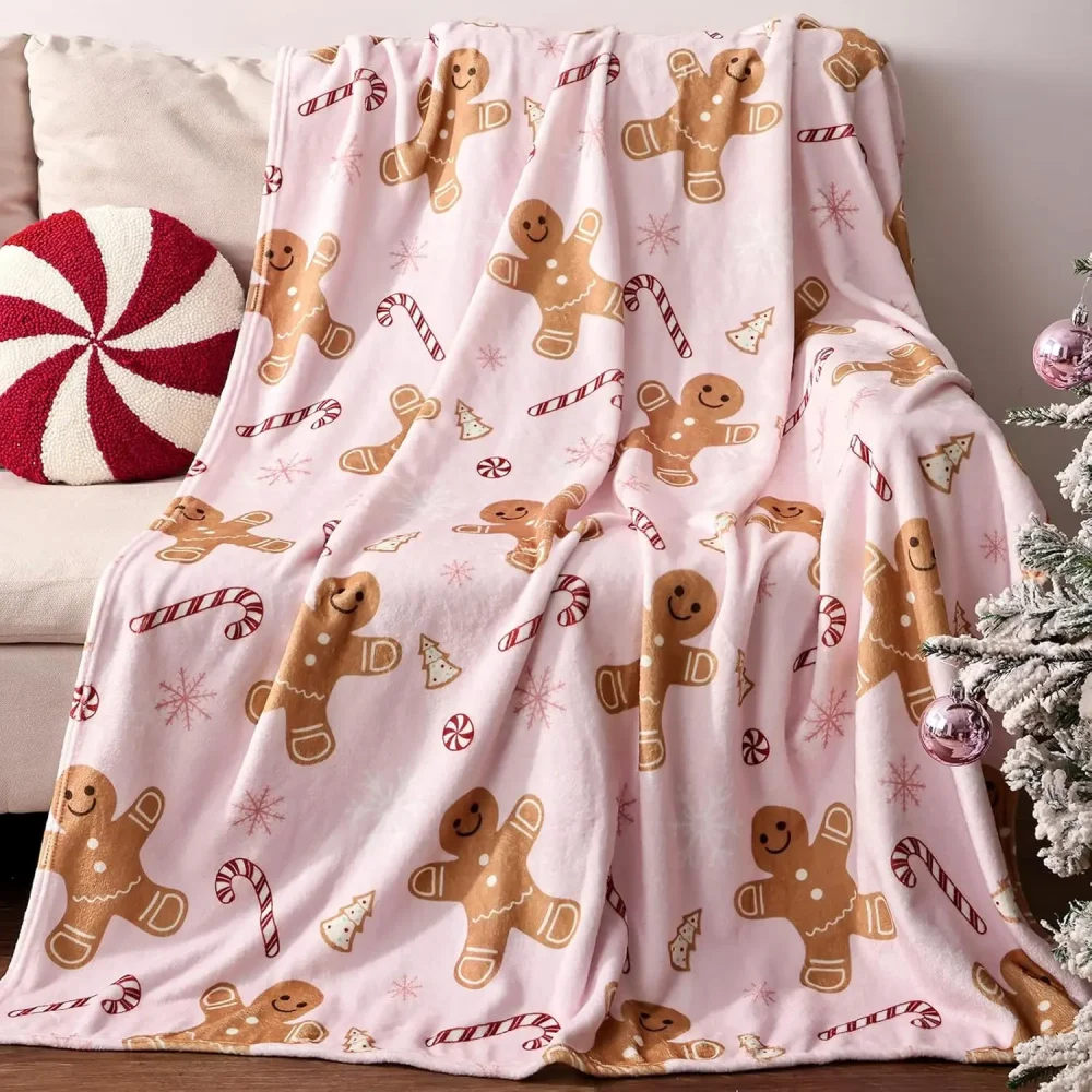 Pink Flannel Gingerbread Man Bed Blanket, Lightweight Cozy Christmas Blanket for Couch Sofa Bed Living Room Home Decor Gifts - Image 2