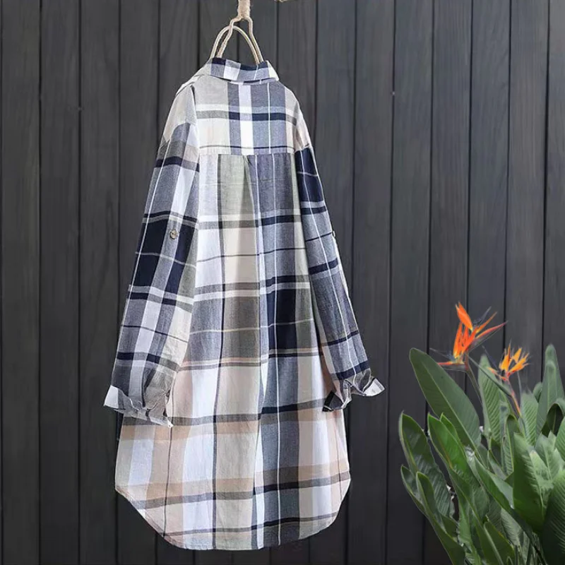 Plaid Cotton Mid Length Blouses Women 2023 Autumn Long Sleeve Elegant Casual Shirt Korean Fashion New Loose Button Blouses - Image 6