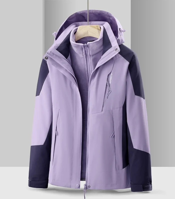 Women Outdoor Casual Waterproof Jacket Autumn Winter Warm Inner Lining 3 In 1 Coat Hiking Windproof Detachable Hat Outerwear