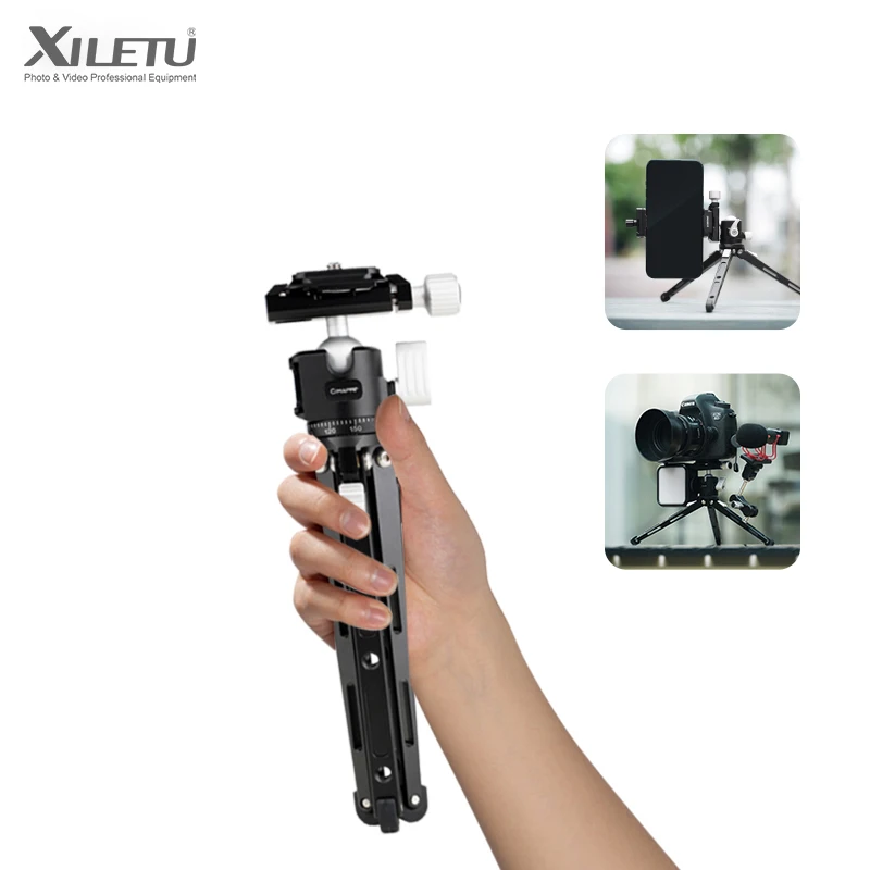 XILETU Mini Tripod with Arca Swiss Ball Head & Cold Shoe, Metal Handheld Selfie Stick for Phone Camera, 3KG Load for Live Vlog
