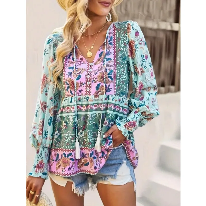 Plus Size 1XL-5XL New Autumn Women's Temperament Casual Printed V-neck Long-sleeved Loose Blouse Shirt Commuting Style Clothes - Image 4