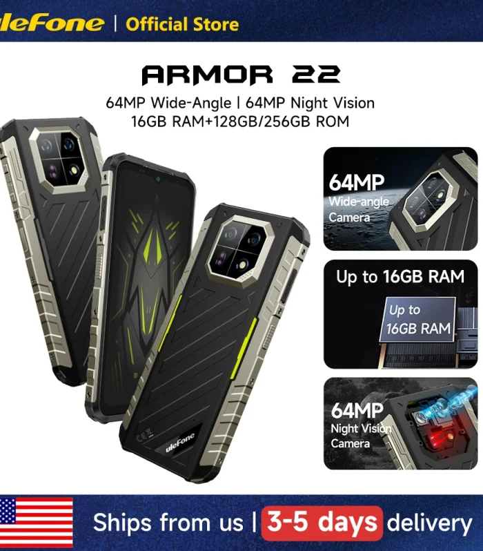 Ulefone Armor 22 Rugged Phone ,16GB (8GB+8GB) RAM ,128GB/256GB ROM , Android 13 Smartphone,NFC 64MP 4G Phone