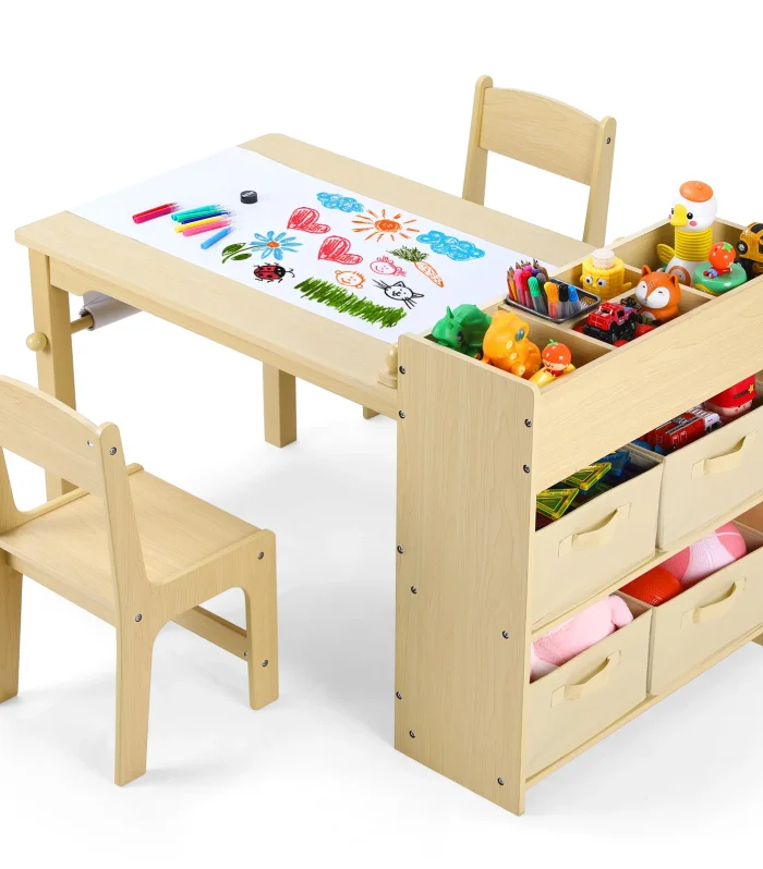 AOOU Kids Art Table and 2 Chairs, Toddler Craft Drawing Desk with Large Storage Shelves, 4 Storage Bins and Paper Roll
