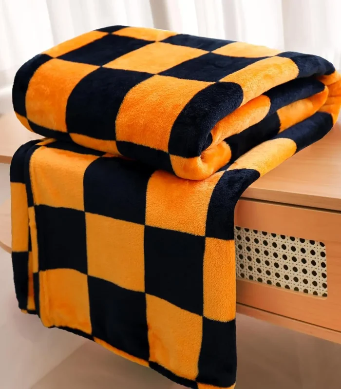1PC Throw Checkerboard Black and Orange Flannel Blanket for Couch Bed Sofa Cozy Comfy Warm Halloween Decor for All Season