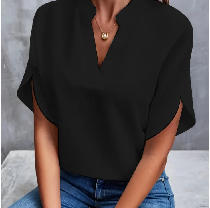 Summer Elegant Women's Blouse New V-neck Short Sleeve Solid Color Loose Shirt Casual White Tops Office Lady Blouses - Image 3