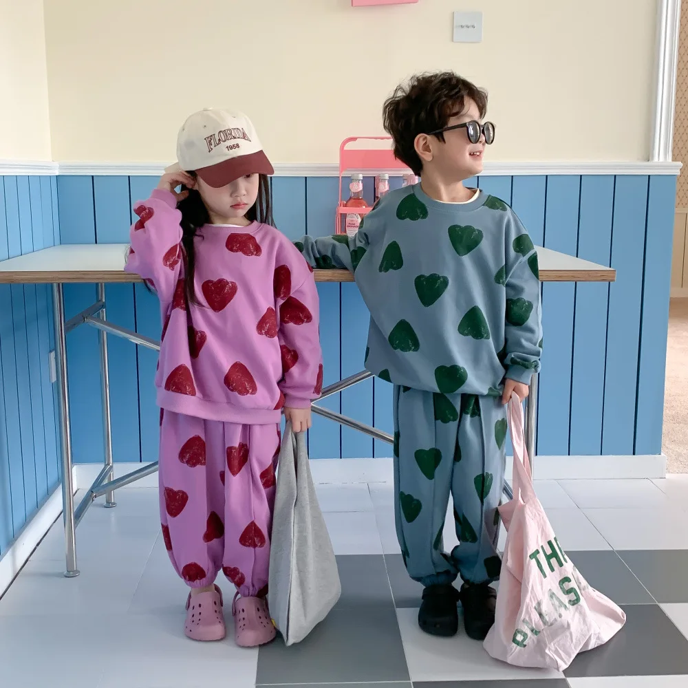 2025 Korean Spring Autumn Children Sibling Look Clothes Set Printed Love Jooger Suit Pullover Stretch Loose Toddler Boys Outfits - Image 3