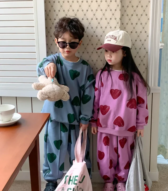 2025 Korean Spring Autumn Children Sibling Look Clothes Set Printed Love Jooger Suit Pullover Stretch Loose Toddler Boys Outfits