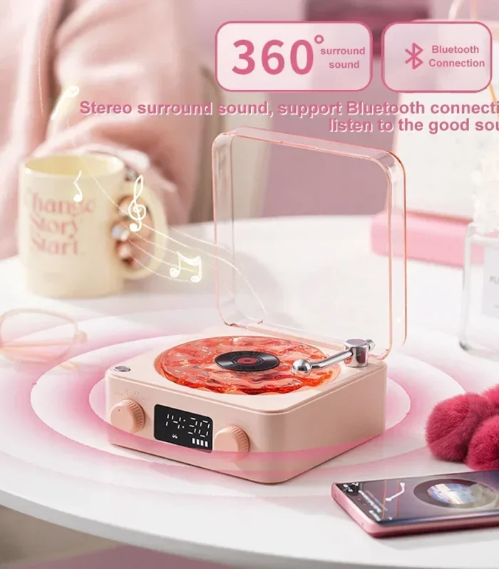 Waves Vinyl Player Bluetooth Speaker with White Noise Retro Turntable Speaker Sleep Aid Vitrola Shaped Speaker with RGB Light