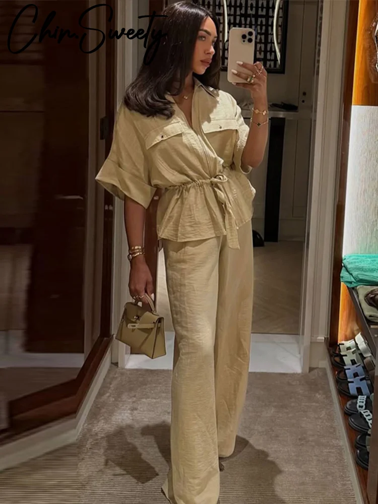 Casual Coat Pant Set Women Loose Zipper V-neck Lace Up Pleat Top Wide Leg Trousers Suit 2025 Summer Lady 2 Pieces Outfits New - Image 3