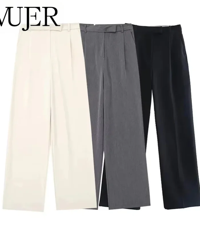 MUJER 2025 Women's Pants Beige Grey Black Wide Leg Pants Women High Waist Baggy Pants Woman Fashion Summer Office Trousers