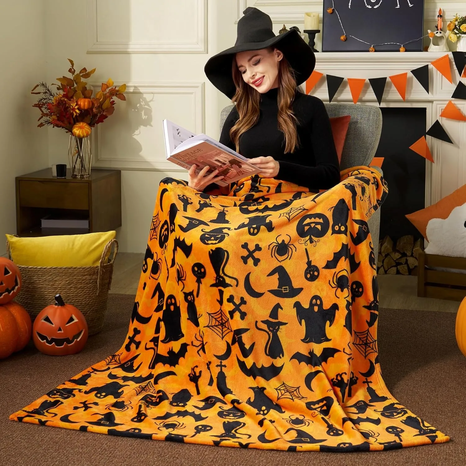1PC Halloween Throw Blanket Black Bat Pumpkin Ghost Skull Thin Blanket Gifts for Decor Couch Bed Car Home Camping all season use - Image 2