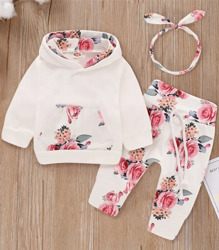 0-18 Months Toddler Baby Girl 3PCS Hooded Clothes Set Flowers Print Long Sleeve Top+Pant+Bowknot Headband Fashion Autumn Outfit