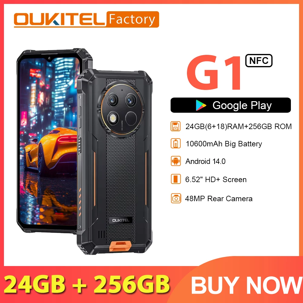 Oukitel G1 24GB+256GB Cellphone 6.52‘' HD+ 10600mAh Android14 48MP Camera Rugged Smartphone