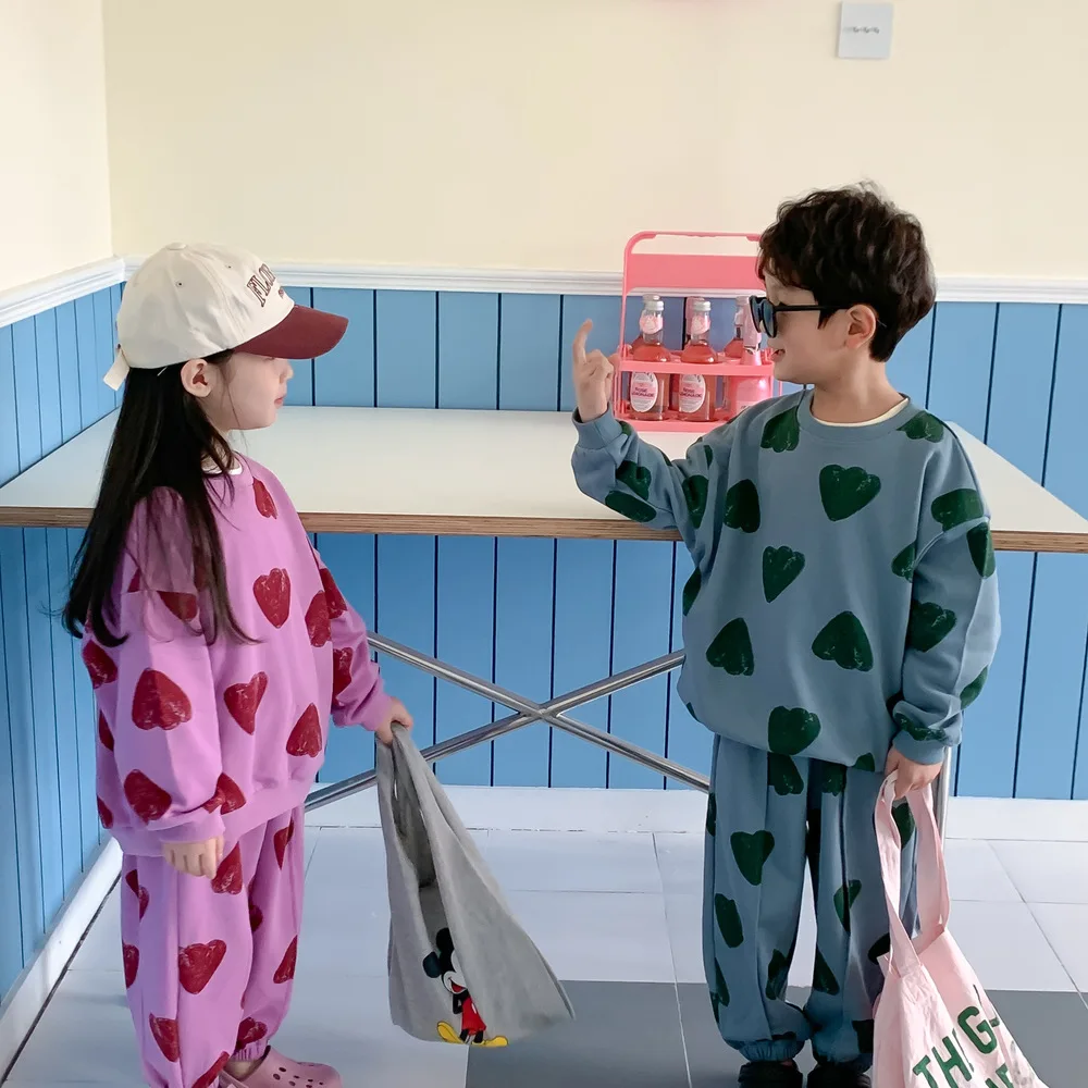 2025 Korean Spring Autumn Children Sibling Look Clothes Set Printed Love Jooger Suit Pullover Stretch Loose Toddler Boys Outfits - Image 4
