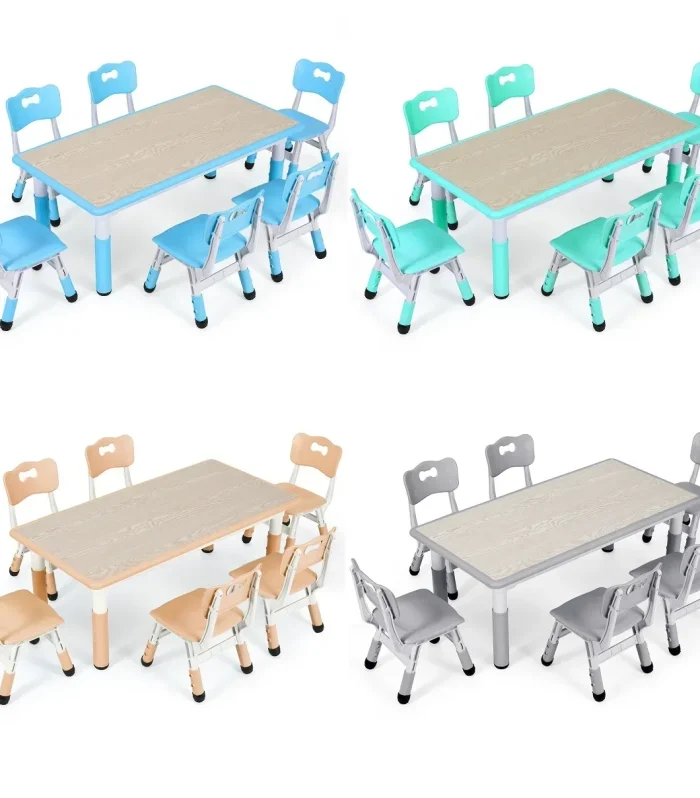Rectangle Kids Table with 6 Chairs Set, Height Adjustable Toddler Multi Activity Table Set, Arts&Crafts Desk for Girls, 2-10 old
