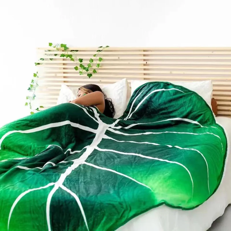 Large Leaf Blanket Soft Printed Green Leaves Flannel Leaf Shaped Blankets Beds Sofa Fleece Cozy Beach Blanket Birthday Gift - Image 2