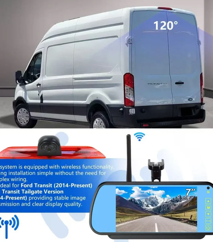 Automotive brake LED light auxiliary camera for Ford Transit Van 2015-2020, equipped with 7-inch rearview mirror wireless kit